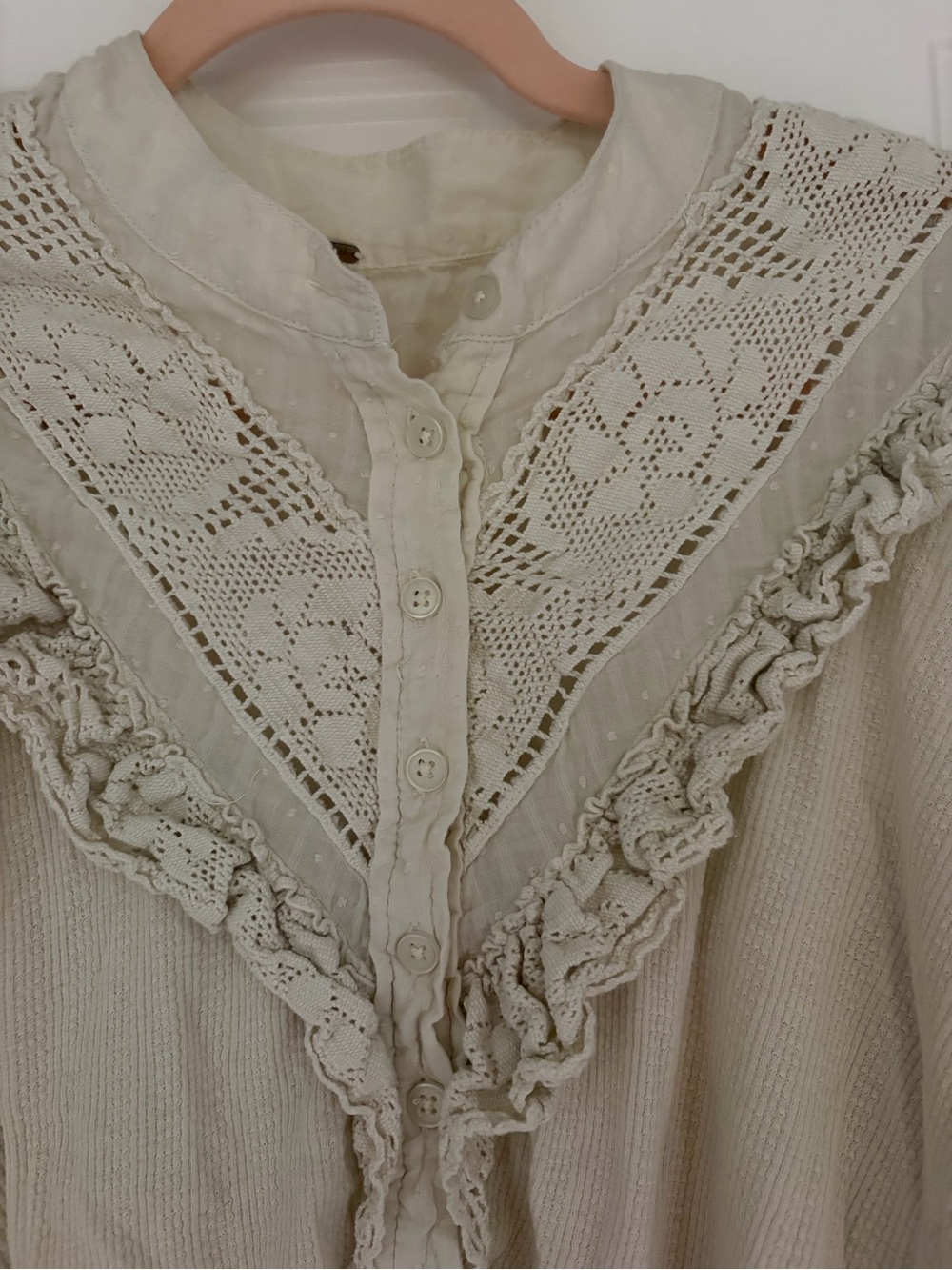 Free People Ivory Lace Ruffle Button-Front Blouse - Picture 3 of 6